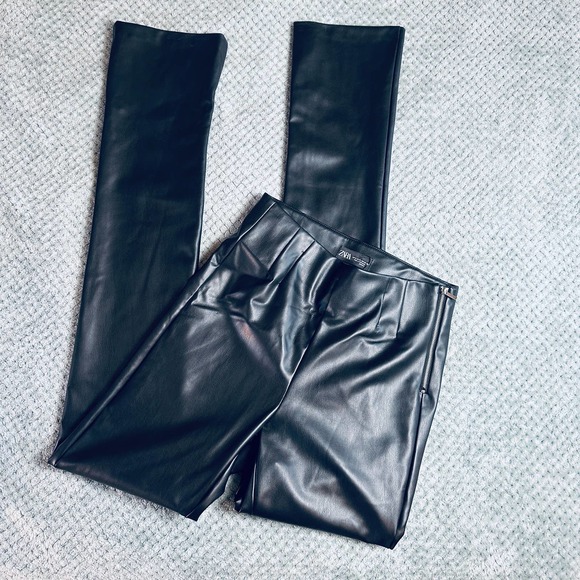 Zara Pants - ZARA Faux Leather High Rise Straight Leg Leather Pants Extra Long S/M